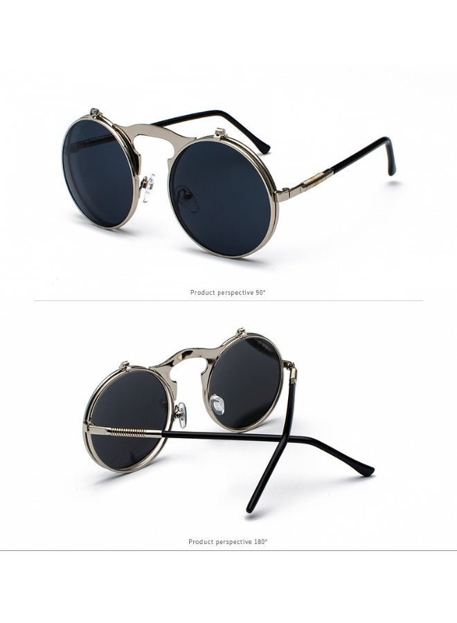 Vintage metal round flip-up sunglasses, suitable for both men and women, UV400 protective sports sunglasses, with spring hinge design, suitable for driving and fishing - Image 2