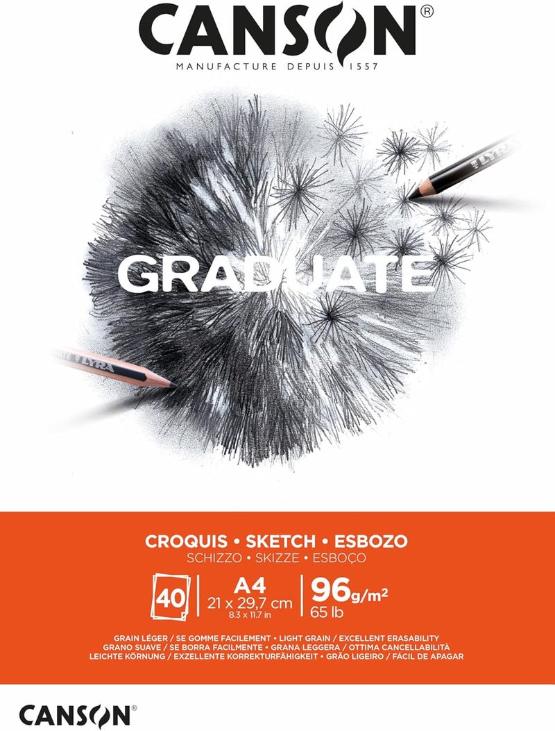 CANSON CANSON Graduate Light Grain 96gsm A4 Sketch Paper Pad Glued Short Side 40 Natural White Sheets Ideal for Professional Artists  Students - Image 1
