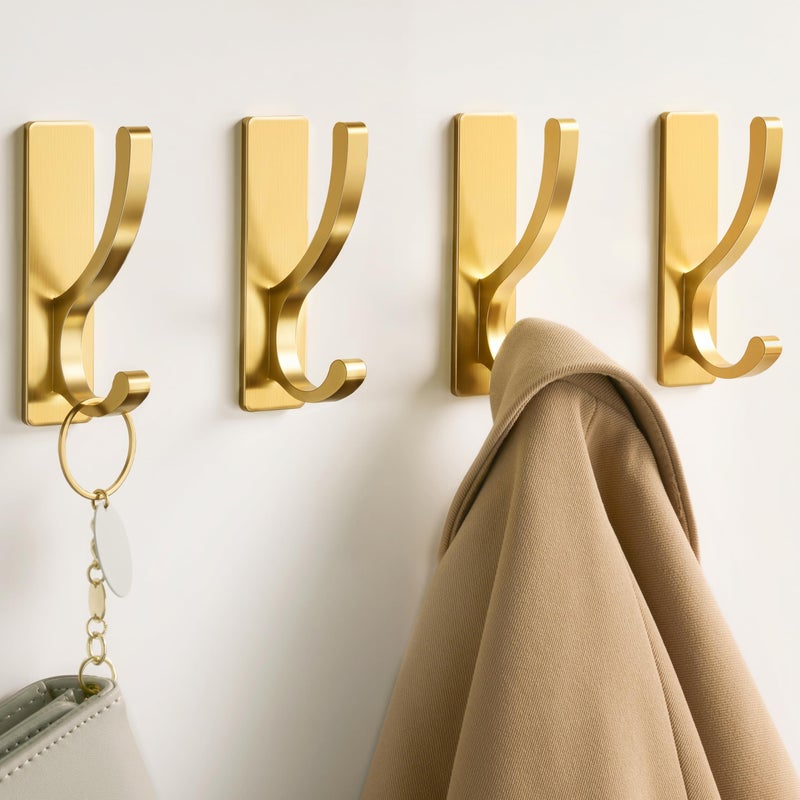 pickpiff Adhesive Wall Hooks for Towels - Sticky Hook Hanging Heavy Duty (13lb), Hanger for Door, Bathroom, Dorm, Closet - for Coats, Purse, Bag, Robe - No Damage to Wall - Gold 4 Pack - Image 2