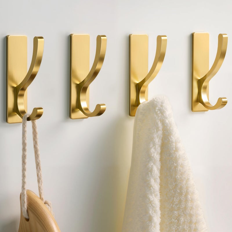 pickpiff Adhesive Wall Hooks for Towels - Sticky Hook Hanging Heavy Duty (13lb), Hanger for Door, Bathroom, Dorm, Closet - for Coats, Purse, Bag, Robe - No Damage to Wall - Gold 4 Pack - Image 1