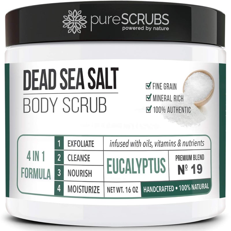 pureSCRUBS Premium Eucalyptus Body Scrub Set - Large 16oz Dead Sea Salt Body Scrub With Infused Essential Oils & Nutrients, Includes Wooden Spoon, Loofah & Oatmeal Exfoliating Bar Soap - Image 1