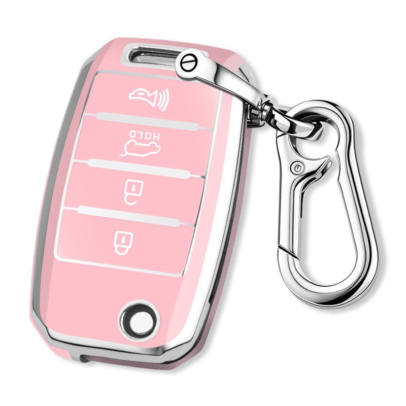 QBUC for Kia Key Fob Cover with Keychain Chrome Silver Trim Soft TPU Protection Case Compatible with 2013-2017 Kia Optima Soul Sorento Sportage 4-Buttons (Pink) - Image 1