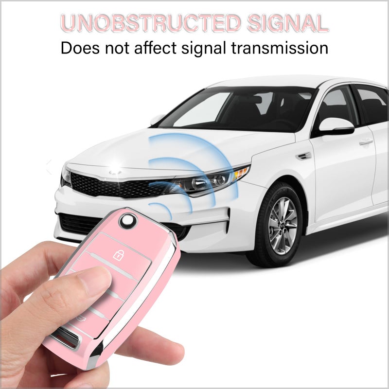 QBUC for Kia Key Fob Cover with Keychain Chrome Silver Trim Soft TPU Protection Case Compatible with 2013-2017 Kia Optima Soul Sorento Sportage 4-Buttons (Pink) - Image 5