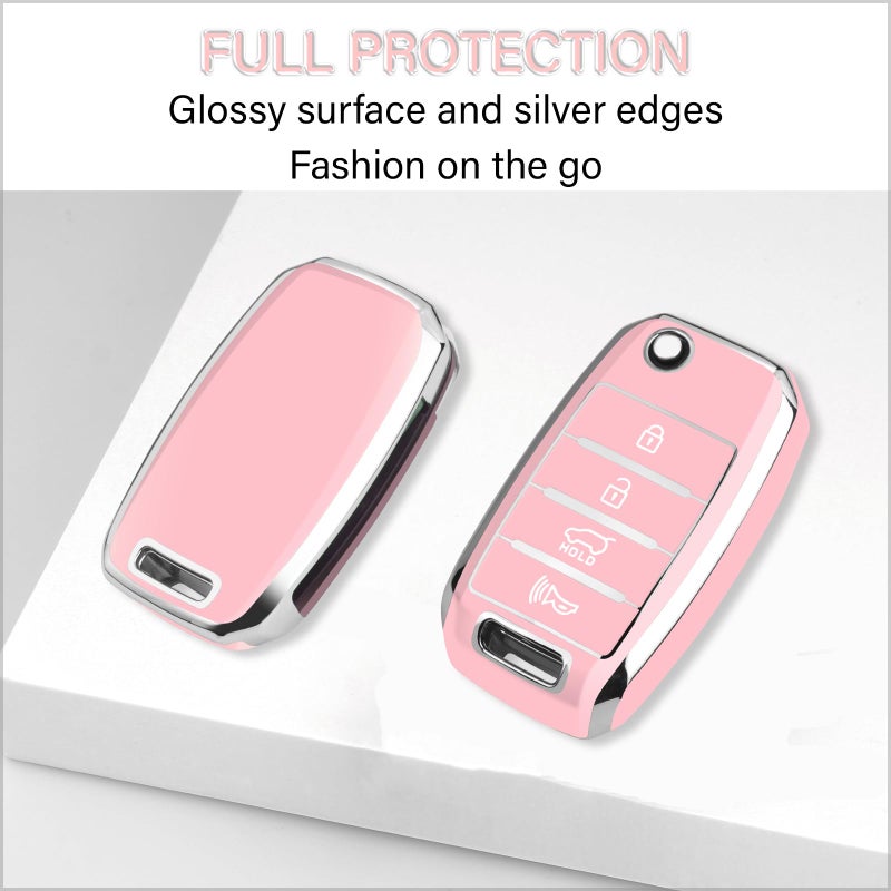 QBUC for Kia Key Fob Cover with Keychain Chrome Silver Trim Soft TPU Protection Case Compatible with 2013-2017 Kia Optima Soul Sorento Sportage 4-Buttons (Pink) - Image 4