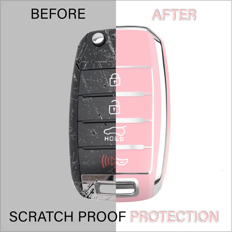QBUC for Kia Key Fob Cover with Keychain Chrome Silver Trim Soft TPU Protection Case Compatible with 2013-2017 Kia Optima Soul Sorento Sportage 4-Buttons (Pink) - Image 2