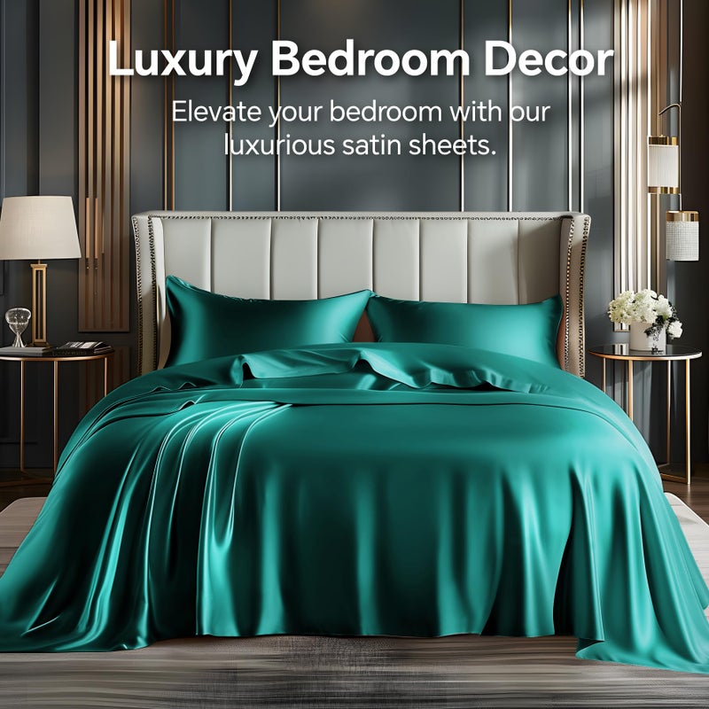BEDELITE King Size Sheets Set  Luxury Soft Teal Satin Sheets for Hair and Skin  Similar to Silk Bed Sheets Set 4 Pieces with 1 Deep Pocket Fitted Sheet  1 Flat Sheet  and 2 Pillowcases - Image 2