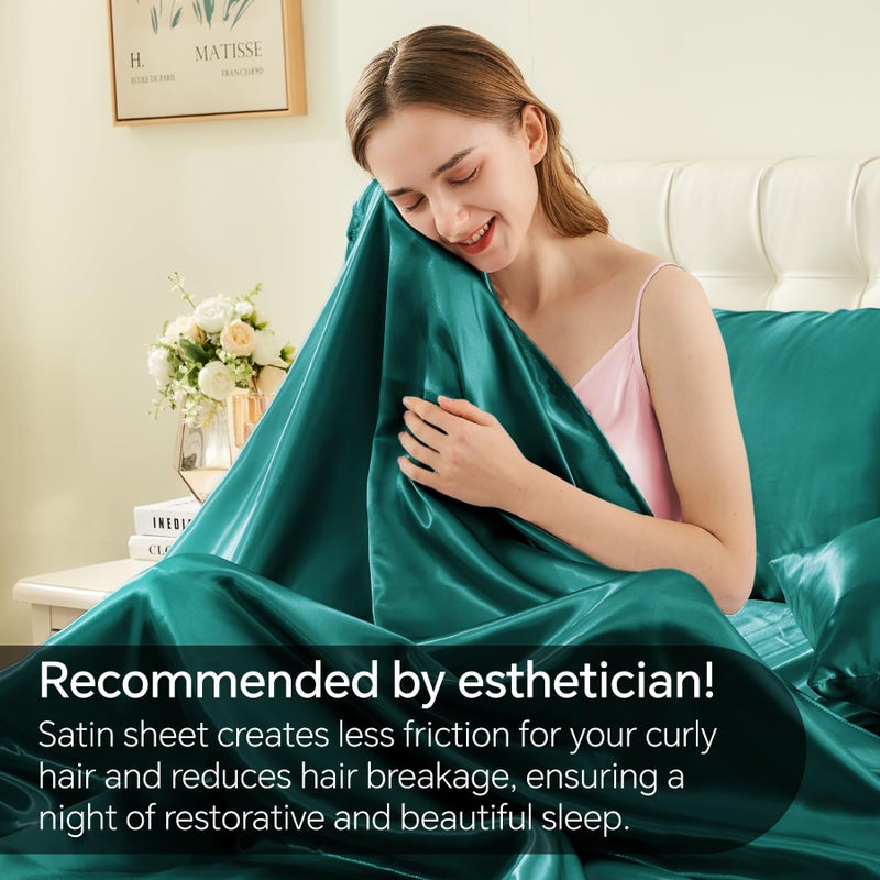 BEDELITE King Size Sheets Set  Luxury Soft Teal Satin Sheets for Hair and Skin  Similar to Silk Bed Sheets Set 4 Pieces with 1 Deep Pocket Fitted Sheet  1 Flat Sheet  and 2 Pillowcases - Image 4