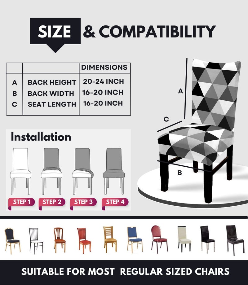 BRIDA® Stretchable Floral Printed Dining Chair Covers Set of 6 Seater Elastic Chair Seat Case Protector, Slipcover Set of 6 (Black White Triangle), Polyester;Polyester Blend - Image 4