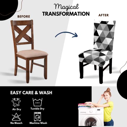 BRIDA® Stretchable Floral Printed Dining Chair Covers Set of 6 Seater Elastic Chair Seat Case Protector, Slipcover Set of 6 (Black White Triangle), Polyester;Polyester Blend - Image 5