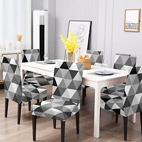 BRIDA® Stretchable Floral Printed Dining Chair Covers Set of 6 Seater Elastic Chair Seat Case Protector, Slipcover Set of 6 (Black White Triangle), Polyester;Polyester Blend - Image 1