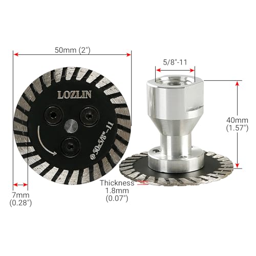 LOZLIN 50mm Diamond Saw Blade 5/8-11 Thread, Turbo Rim Cutting Disc for Granite Marble Concrete Stone, Compact Engraving Wheel for Angle Grinder Rotary Tool Power Drill - Image 2
