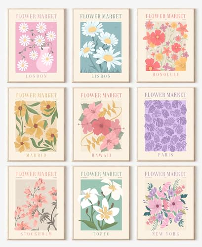 UNIRO Flower Market Posters Set of 9, Minimalist Wall Art Prints, Vintage Flower Pictures, Abstract Canvas Colorful Floral Painting for Living Room, Bedroom, Dorm - Image 1