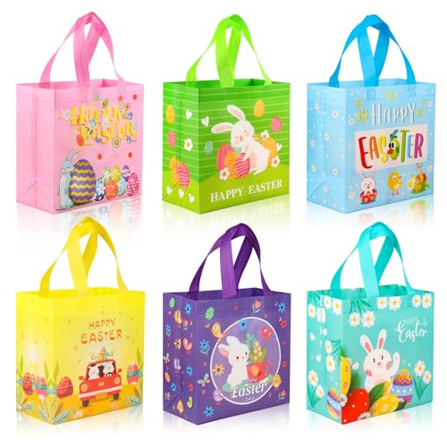ZYLOP Easter Gift Bags with Handles - Reusable Non-Woven Happy Easter Tote Bags for Kids Adults, Easters Gift Bag for Egg Hunt, Party Favors, Shopping, Easters Egg Bag for Hunt Bunny Carrot Chick 6 Pack - Image 1