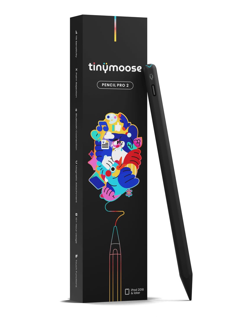 TinyMoose Stylus iPad Pen Pencil Pro 2 Updated with Gestures / On-Screen Battery Indicator / Fast USB-C Charging / Palm Rejection For Apple iPad 2018 and Later - Black Edition - Image 1