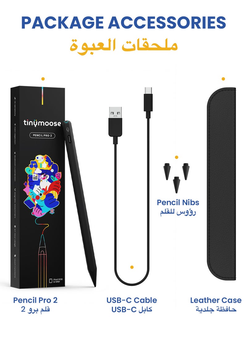 TinyMoose - Stylus Pen Pencil Pro 2 Updated with Gestures / On-Screen Battery Indicator / Fast USB-C Charging / Palm Rejection For Apple iPad 2018 and Later - Black Edition - Image 1