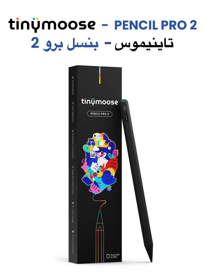 TinyMoose - Stylus Pen Pencil Pro 2 Updated with Gestures / On-Screen Battery Indicator / Fast USB-C Charging / Palm Rejection For Apple iPad 2018 and Later - Black Edition - Image 1
