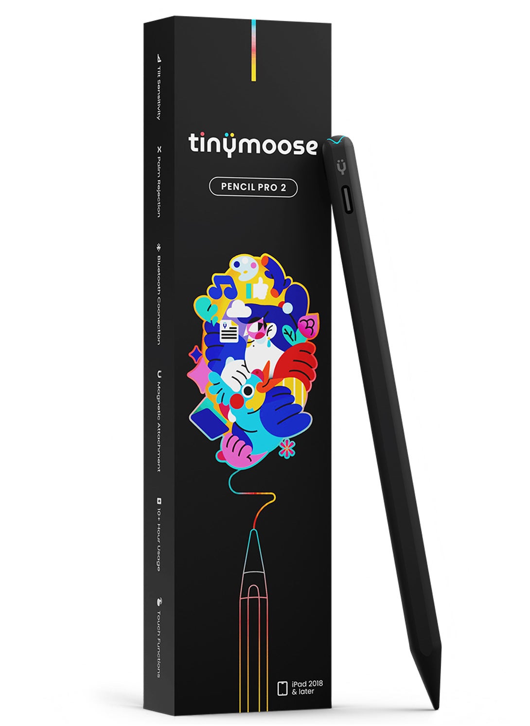 TinyMoose Stylus Pen Pencil Pro 2 Updated with Gestures / On-Screen Battery Indicator / Fast USB-C Charging / Palm Rejection For Apple iPad 2018 and Later - Black Edition 