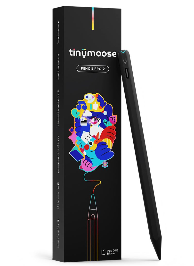 TinyMoose - Stylus Pen Pencil Pro 2 Updated with Gestures / On-Screen Battery Indicator / Fast USB-C Charging / Palm Rejection For Apple iPad 2018 and Later - Black Edition - Image 1