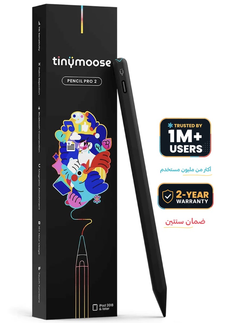 TinyMoose Stylus iPad Pen Pencil Pro 2 Updated with Gestures / On-Screen Battery Indicator / Fast USB-C Charging / Palm Rejection For Apple iPad 2018 and Later - Black Edition - Image 1