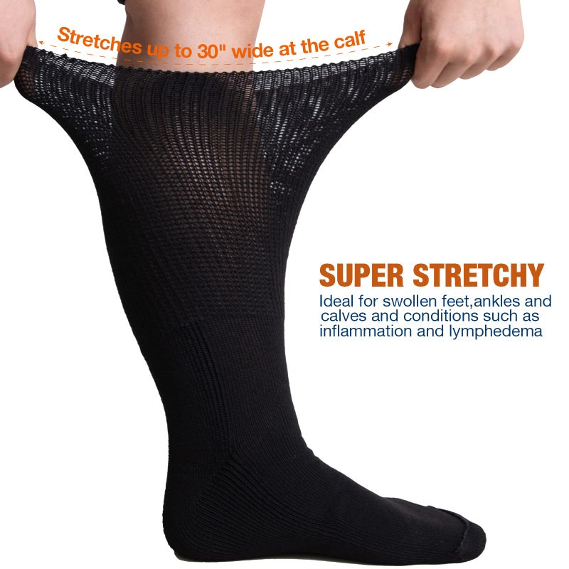 Bulinlulu Extra Wide Diabetic Socks for Men & Women, 4 Pairs Hospital Socks for Swollen Feet, Lymphedema, Edema, Cast, Bariatric, 4 Black - Image 3