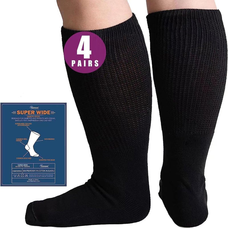 Bulinlulu Extra Wide Diabetic Socks for Men & Women, 4 Pairs Hospital Socks for Swollen Feet, Lymphedema, Edema, Cast, Bariatric, 4 Black - Image 1