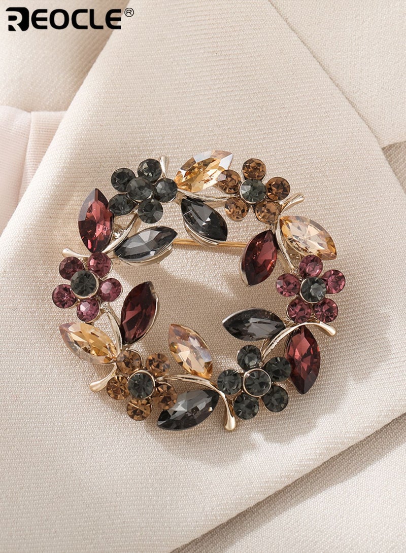 REOCLE Women's Brooch Vibrant Leaf-Wreath Pin Multi-Faceted Crystal & Open-Frame Design for Statement-Making Outfit Styling - Image 1