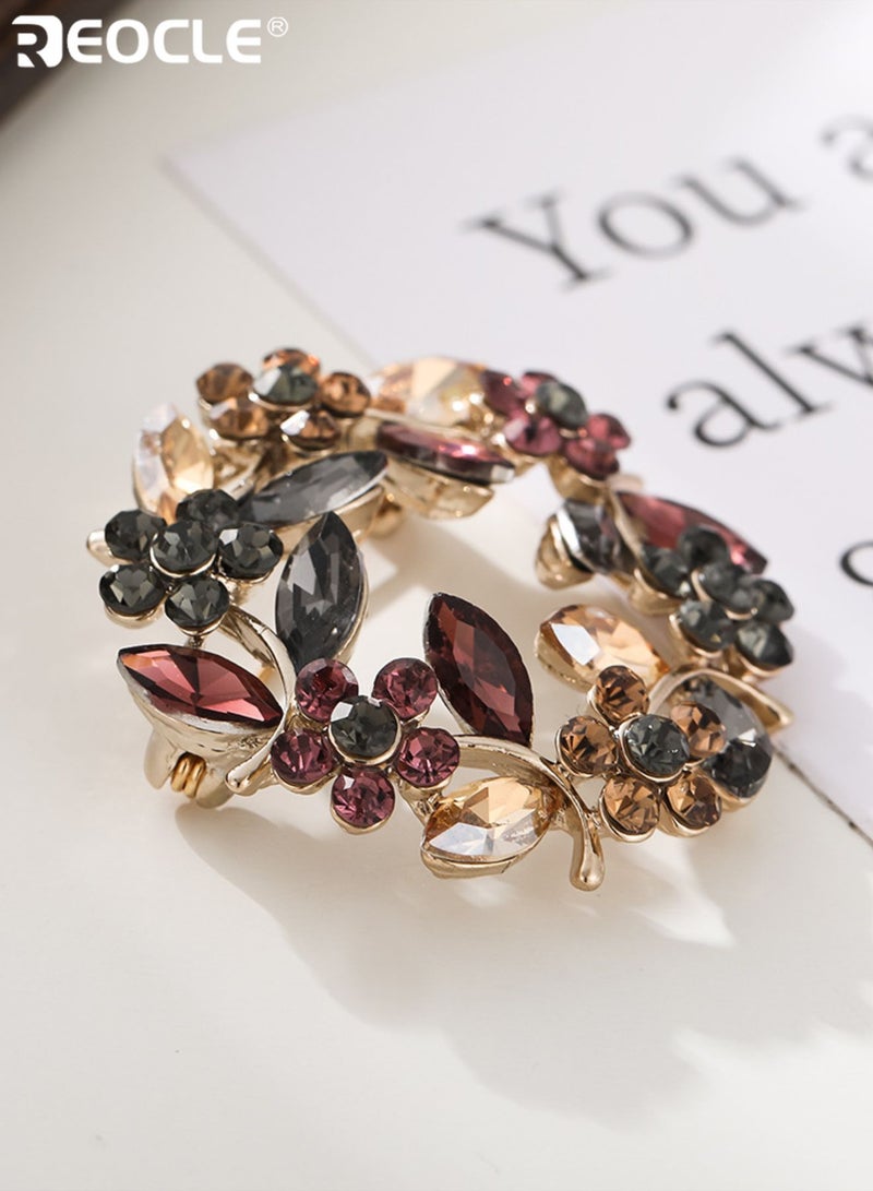 REOCLE Women's Brooch Vibrant Leaf-Wreath Pin Multi-Faceted Crystal & Open-Frame Design for Statement-Making Outfit Styling - Image 2
