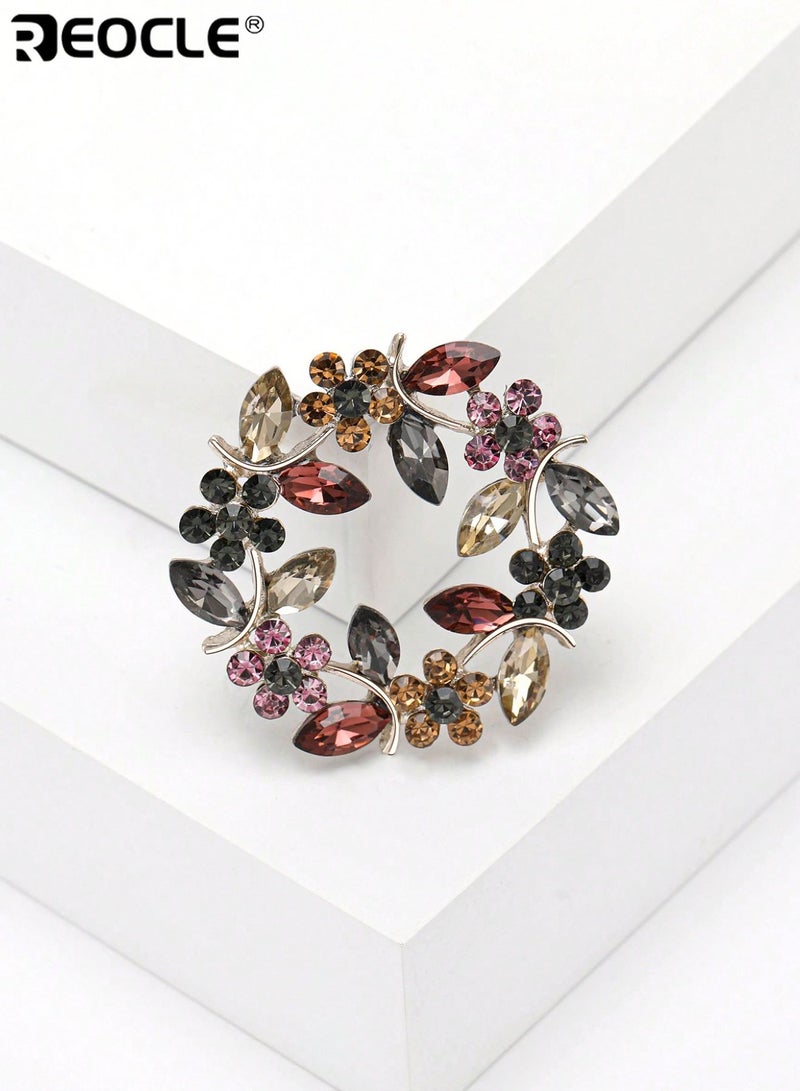 REOCLE Women's Brooch Vibrant Leaf-Wreath Pin Multi-Faceted Crystal & Open-Frame Design for Statement-Making Outfit Styling - Image 5