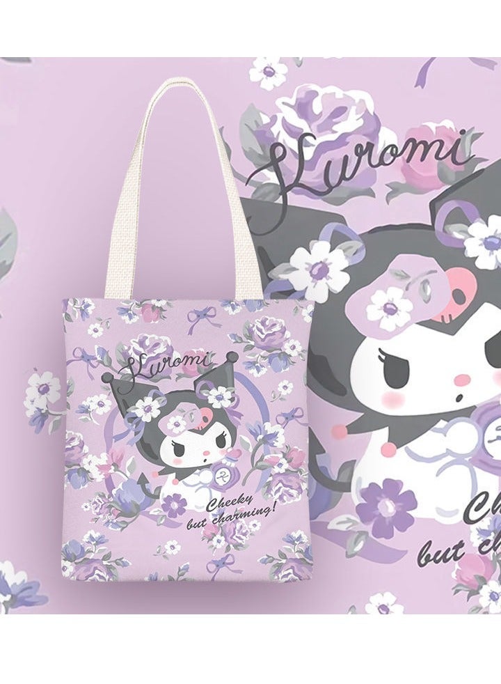 Cartoon Sanrio Kuromi pattern canvas tote bag, student class bag handbag, reusable beautiful environmentally friendly bag, book shopping groceries cotton cute handbag  - Image 1