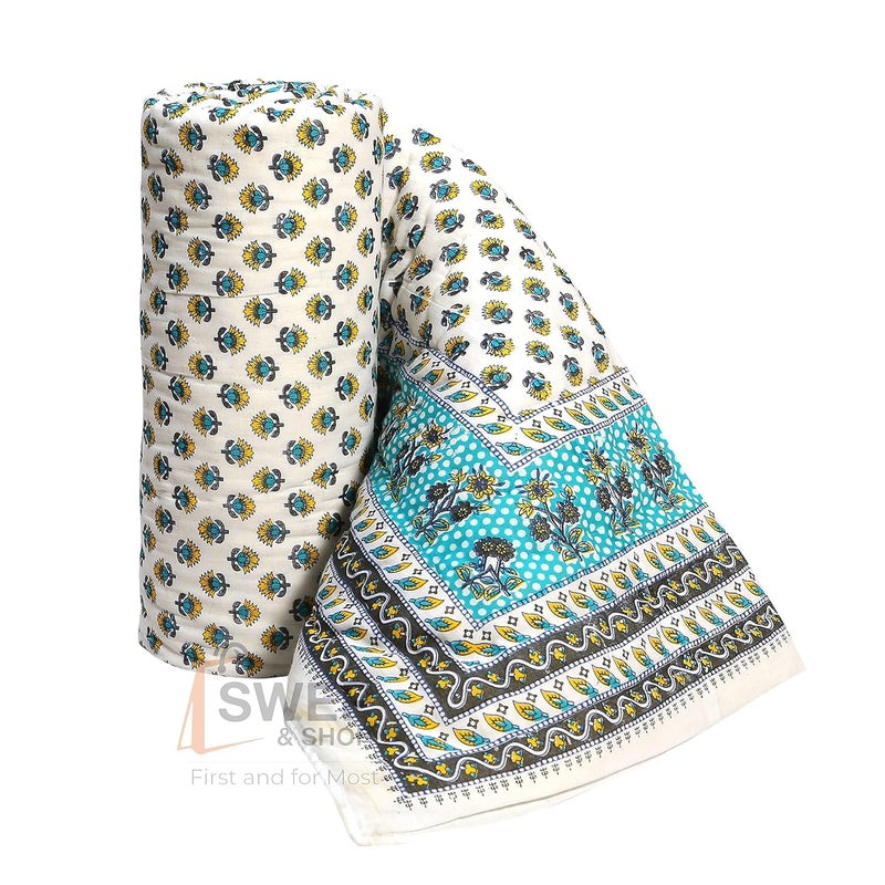 AARMOZY 280 TC Jaipuri Razai Hand Made Print Reversible Rajasthani Cotton Floral Print Single Bed Cotton Quilt Sanganeri Razai Multi Comforter Blanket 85X55 Inches  - Image 1