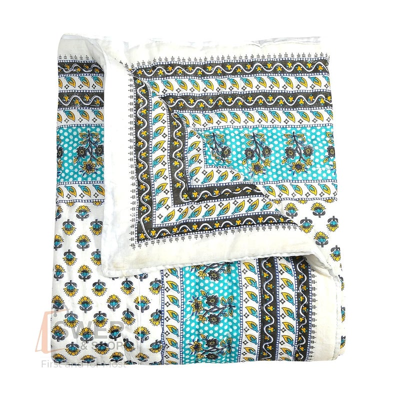 AARMOZY 280 TC Jaipuri Razai Hand Made Print Reversible Rajasthani Cotton Floral Print Single Bed Cotton Quilt Sanganeri Razai Multi Comforter Blanket 85X55 Inches  - Image 3