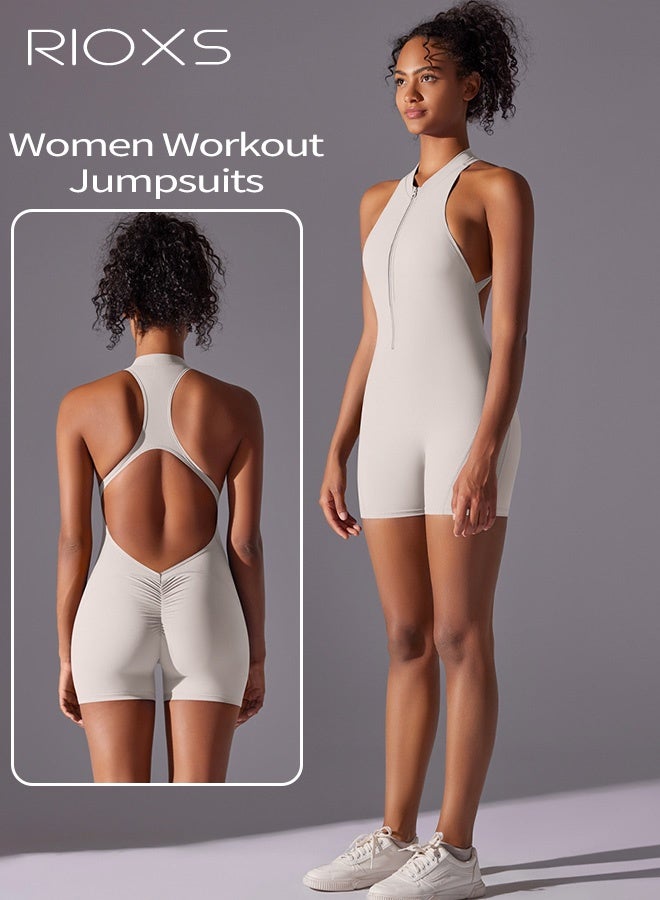 RIOXS Women's Workout Jumpsuits, Zip Up One Piece Yoga Rompers, Backless Stretch Jumpsuit with Removable Pads, Ladies Quick Drying Gym Rompers, Tummy Control Bodycon Bodysuit for Women, Sleeveless Jumpsuits for Pilates, Jogging, Running or Lounging, White Sports Jumpsuit - Image 5