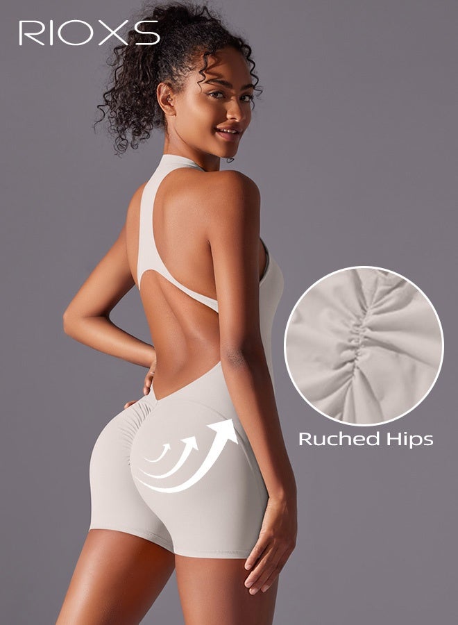 RIOXS Women's Workout Jumpsuits, Zip Up One Piece Yoga Rompers, Backless Stretch Jumpsuit with Removable Pads, Ladies Quick Drying Gym Rompers, Tummy Control Bodycon Bodysuit for Women, Sleeveless Jumpsuits for Pilates, Jogging, Running or Lounging, White Sports Jumpsuit - Image 3