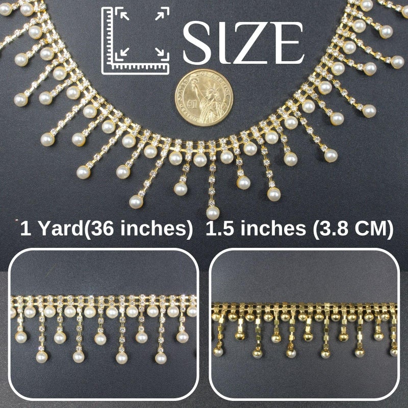 PEARLY JUN 1 Yard Pearl Rhinestone Trim Chain Crystal Fringe Gold Diamond Applique Ribbon String Tassel Strip for Sewing Wedding Dress Crafting Crafts Flower Embellishments - Image 2