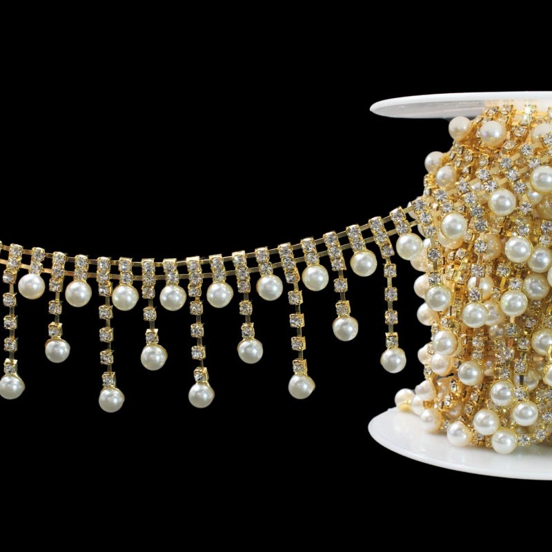 PEARLY JUN 1 Yard Pearl Rhinestone Trim Chain Crystal Fringe Gold Diamond Applique Ribbon String Tassel Strip for Sewing Wedding Dress Crafting Crafts Flower Embellishments - Image 1
