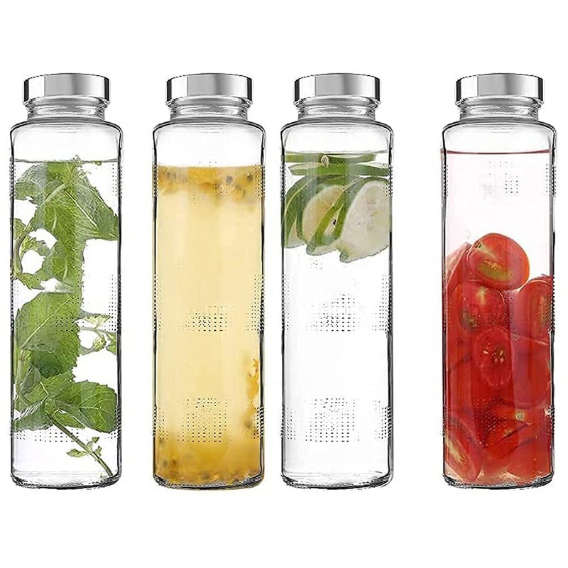 MOOZICO MOOZICO Glass Water Bottle 4 PCS 750ml LeakProof Airtight Stainless Steel Lid for Water Smoothie Juices Reusable Travel Glass Drinking Fridge Bottles - Image 1