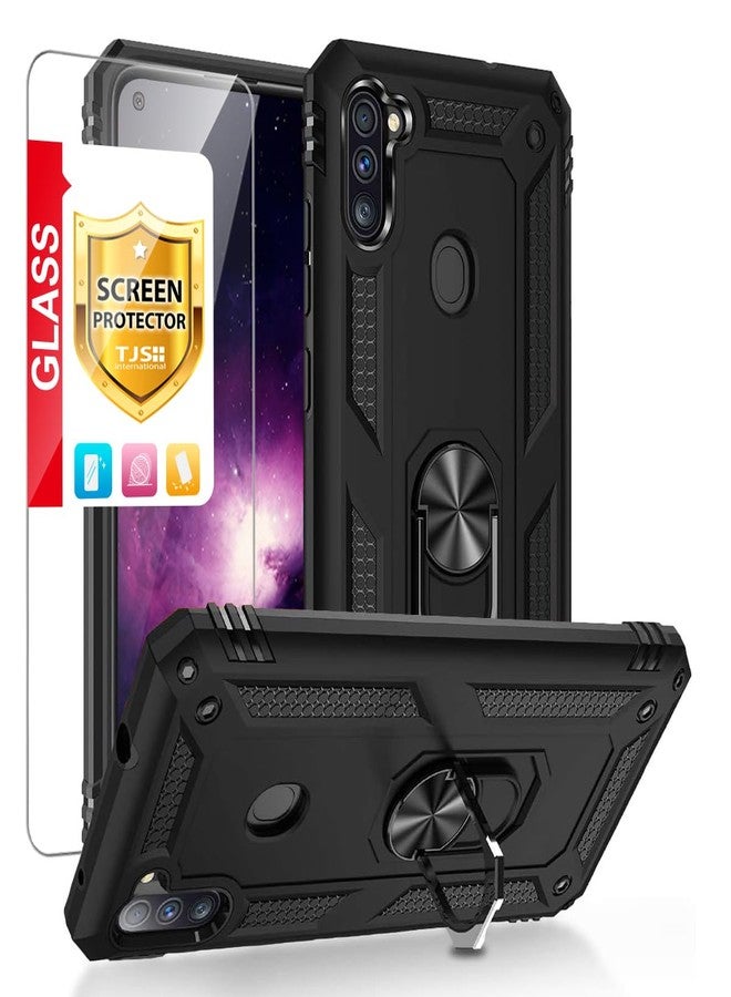 TJ's TJS Compatible with Samsung Galaxy A11 Case, with [Tempered Glass Screen Protector][Metal Ring][Magnetic Support] Defender Kickstand Heavy Duty Drop Protector Cover Phone Case (Black) - Image 1