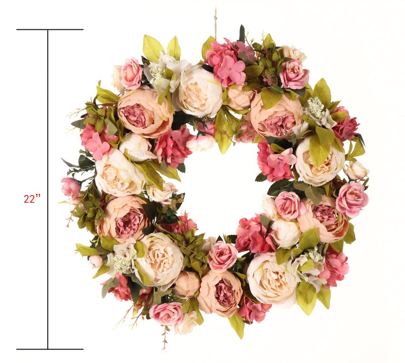 DOTKV Peony Spring Wreaths for Front Door Outside 22 inch Handmade Summer Wreaths for Front Door Wall Window Decor in All Season(Large) - Image 4