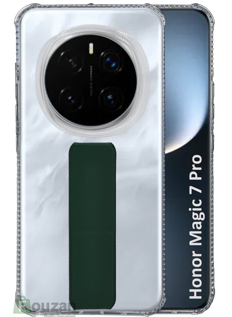 For Honor Magic7 Pro - Transparent Shock Proof Silicone- Magnetic Case With Hand Grip Holder & Kickstand -Clear/Green - Image 1