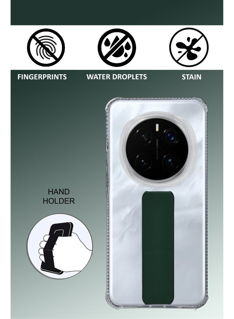 For Honor Magic7 Pro - Transparent Shock Proof Silicone- Magnetic Case With Hand Grip Holder & Kickstand -Clear/Green - Image 2