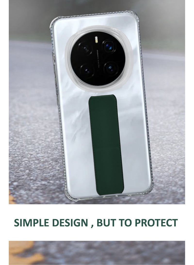 For Honor Magic7 Pro - Transparent Shock Proof Silicone- Magnetic Case With Hand Grip Holder & Kickstand -Clear/Green - Image 3