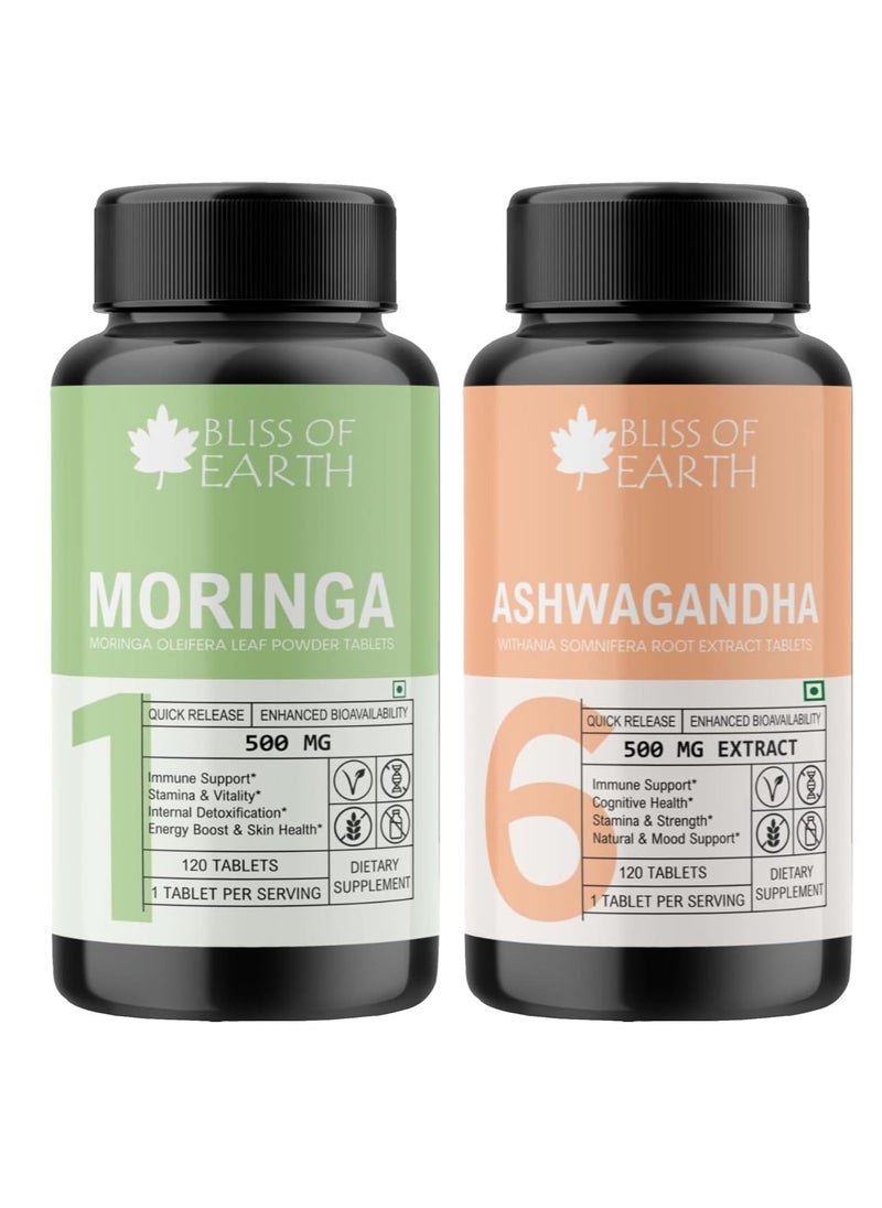 BLISS OF EARTH - Bliss of Earth High Potency Combo of Moringa Oleifera Tablets 500mg and Ashwagandha Root Extract Tablets 500mg, 120 Count Each - Image 1