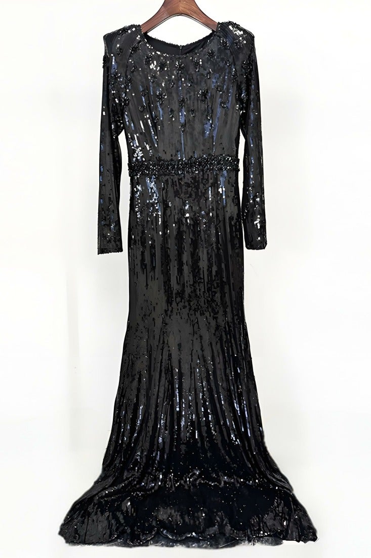 Loquat Women's Sparkly Sequins Luxury Rhinestone Decoration Evening Party Wedding Maxi Gown Dresses Black
