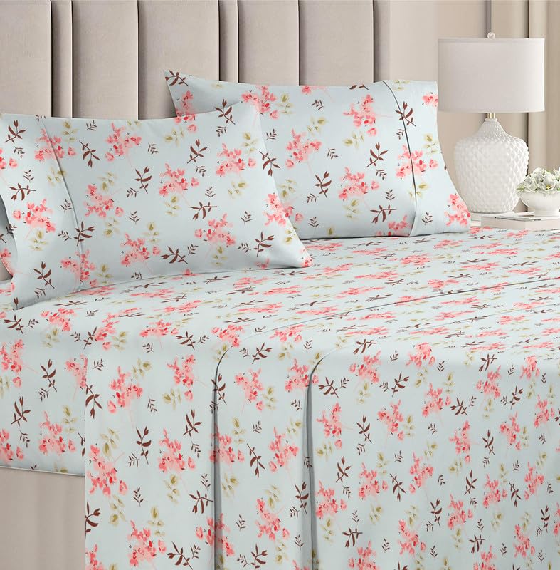 BSB HOME Premium Pure Cotton 220 TC Flat Double Bed Bedsheets for Summer Breathable | Wrinklefree (Size-220 x 230 Cm) with 2 Pillow Covers (Size-17 X 27 Inches, Aqua & Pink) - Image 1