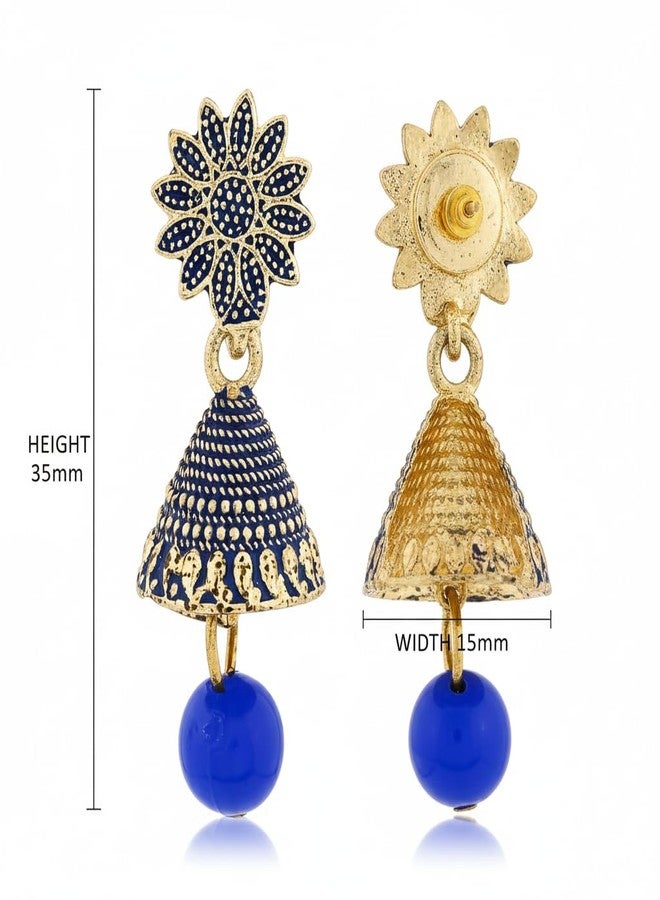 DEW MAT Small Traditional Indian Jhumka Earrings For Woman & Girls, Jhumki Stylish Combo with Flower Stud and Colorful Bead Drop(Pack Of 12). - Image 2