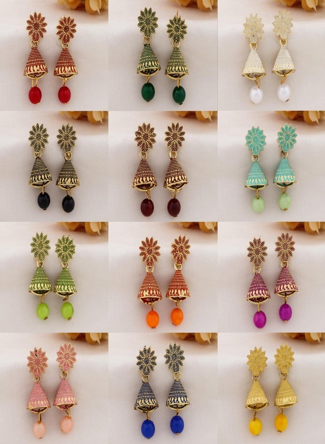 DEW MAT Small Traditional Indian Jhumka Earrings For Woman & Girls, Jhumki Stylish Combo with Flower Stud and Colorful Bead Drop(Pack Of 12). - Image 4