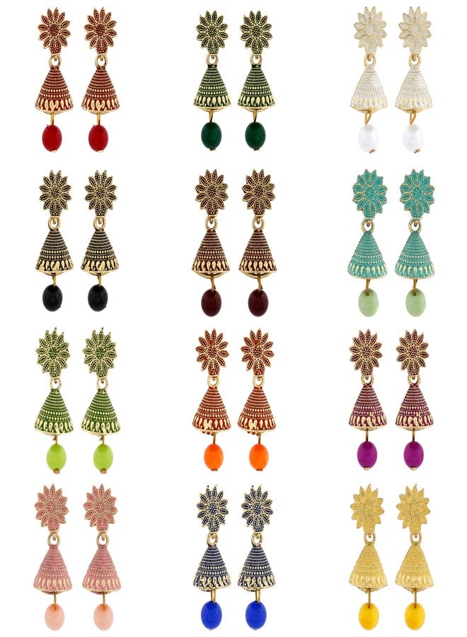 DEW MAT Small Traditional Indian Jhumka Earrings For Woman & Girls, Jhumki Stylish Combo with Flower Stud and Colorful Bead Drop(Pack Of 12). - Image 1