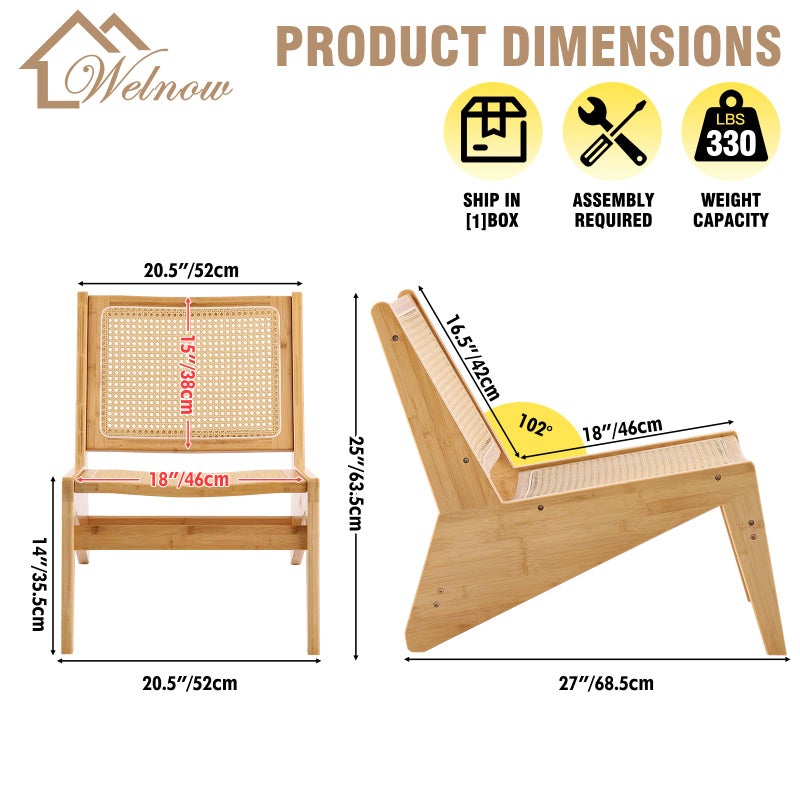 Welnow Mid Century Rattan Accent Chair, Bamboo Wood Lounge Chair with Woven Cane Backrest, Low Armchair for Living Room, Bedroom, Balcony or Reading Corner, Natural - Image 2