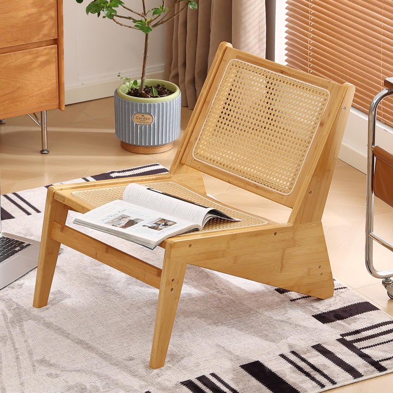 Welnow Mid Century Rattan Accent Chair, Bamboo Wood Lounge Chair with Woven Cane Backrest, Low Armchair for Living Room, Bedroom, Balcony or Reading Corner, Natural - Image 1