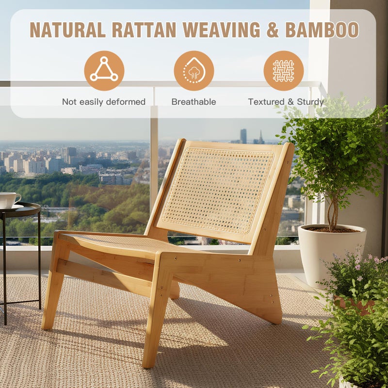 Welnow Mid Century Rattan Accent Chair, Bamboo Wood Lounge Chair with Woven Cane Backrest, Low Armchair for Living Room, Bedroom, Balcony or Reading Corner, Natural - Image 3